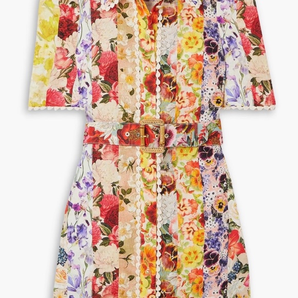 Zimmermann Linen Floral Patchwork Mini Dress Crochet Trim Multicolor NWT - Picture 11 of 11
